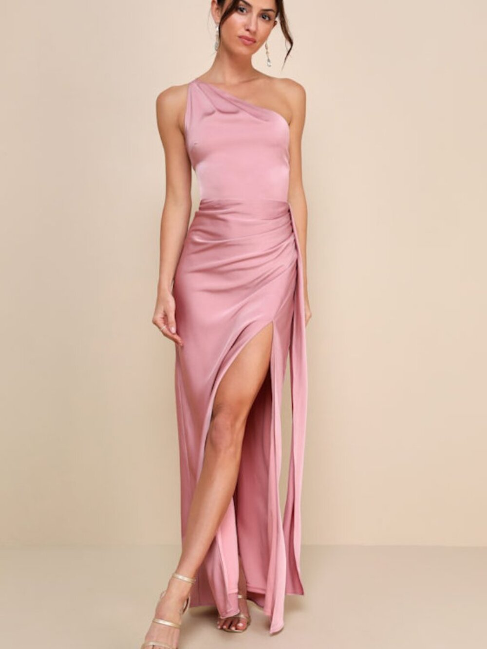 Lulus Signature Elegance Rose Satin One-shoulder Maxi Dress Pink - Size M